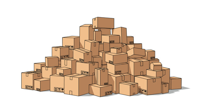 Massive stack of brown cardboard shipping boxes piled high on the floor ready for delivery or moving house process.