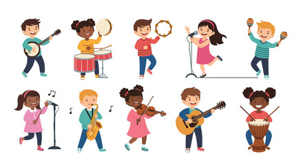Fototapeta premium Diverse group of happy children playing various musical instruments and singing together in a talented band.