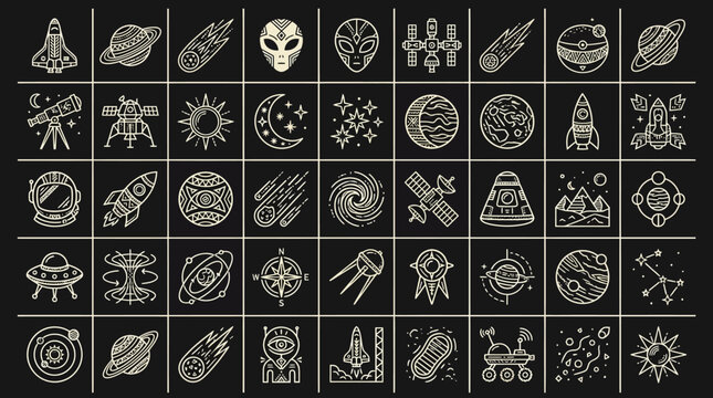 Set of space icons, including planets, rockets, astronauts, and celestial bodies, in a linear style.