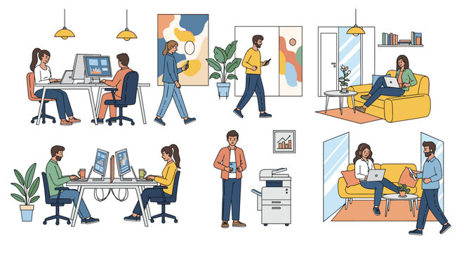 Modern coworking space shows people working at desks, sitting on sofas, and using office equipment in a creative shared environment.