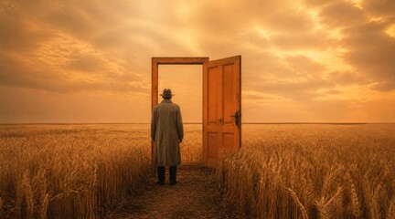 Man in hat and trench coat stands before open door in vast wheat field at sunset, surreal surrealism, concept of choice, journey, new beginning © Five