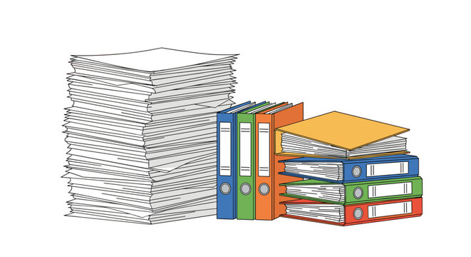 Large disorganized stack of paper documents sits next to neat rows of colorful office binders and folders on a white background.