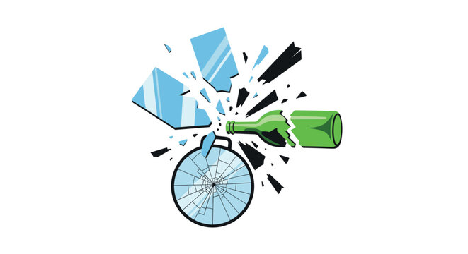 Broken green glass bottle and a shattered clock with flying shards represent broken time, urgency, or the impact of an accident.