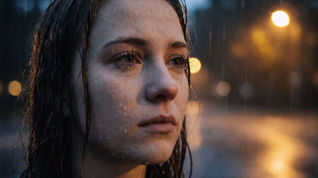 A close-up, emotional portrait capturing a young woman's deep sorrow and vulnerability amidst a heavy downpour, illuminated by the city lights at night
