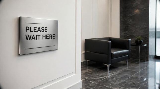 elegant waiting area with please wait here metallic sign minimalist white wall dark marble floor black leather chair modern office interior high contrast