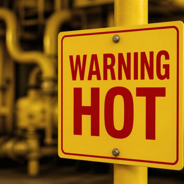 warning hot sign industrial safety caution danger alert ppe workplace hazard flammable risk emergency high contrast sharp focus