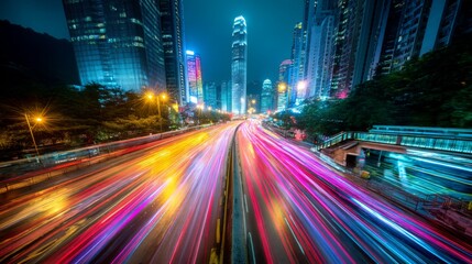 Fototapeta premium Vibrant City Nightscape with Light Trails from Busy Traffic and Glowing Skyscrapers Under Colorful Neon Lights in Urban Environment