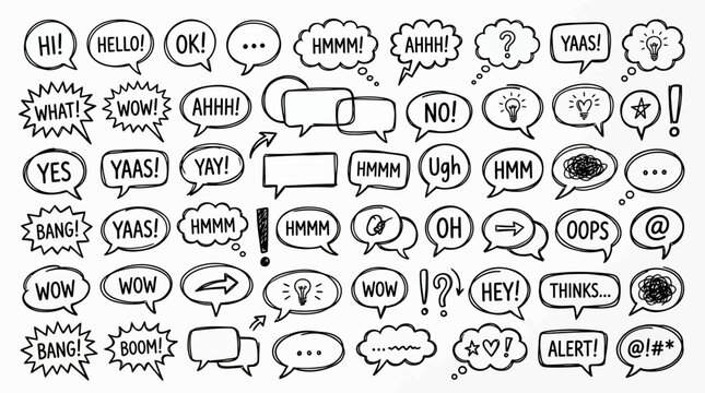 Hand-drawn Speech Bubbles Collection: Communication, Ideas, Emotions, and Exclamations