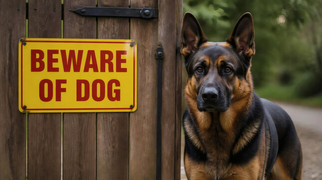 beware of dog warning sign on gate with alert german shepherd guard dog home security safety danger no trespassing protective animal aggressive posture shallow depth of field realistic photo yellow ba