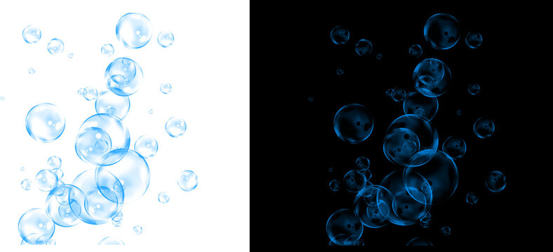 Floating blue water bubbles on white and black background, realistic underwater oxygen bubbles, transparent liquid soap spheres for design