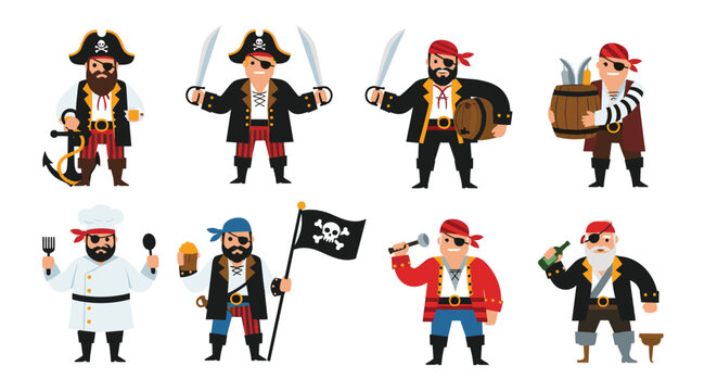 Group of various cartoon pirate characters including captains with swords, a cook, and sailors with barrels and flags in flat style.