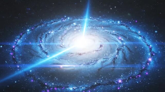 A glowing blue spiral shines brightly in the deep dark void of space
