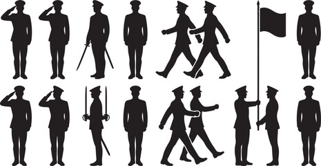 Fototapeta premium Military silhouettes, soldier icons, army black shapes, vector graphics