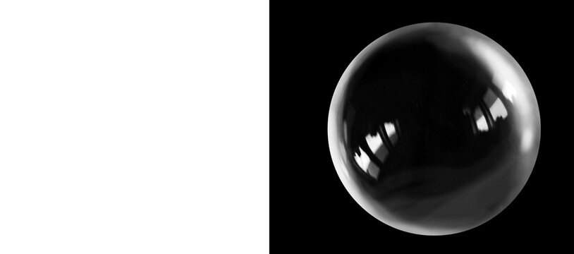 Transparent soap bubble on black background, realistic water sphere with reflections, clear glass orb isolated on dark backdrop