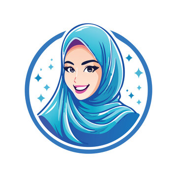 Smiling Woman Wearing Blue Hi jab logo design.