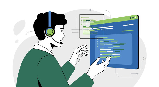 Programmer with headset coding on abstract digital interface