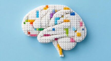 Naklejka premium Brain made of white Lego bricks with colorful building blocks, symbolizing intelligence, creativity, and learning. Isolated on a light blue background, top view.