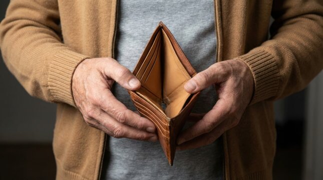 Man holding empty brown leather wallet symbolizing financial struggle or poverty