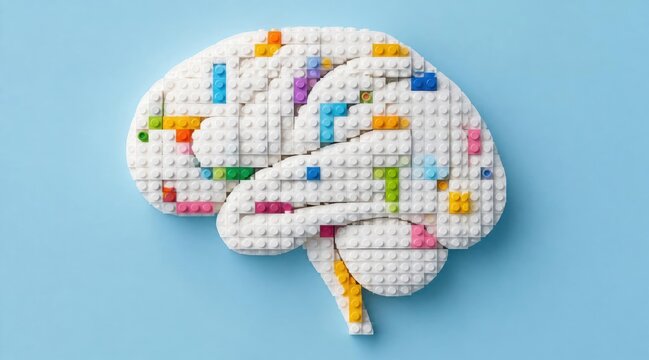 Brain made of white Lego bricks with colorful building blocks, symbolizing intelligence, creativity, and learning. Isolated on a light blue background, top view.
