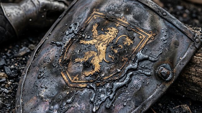 Close-up of a weathered leather shield with a metallic emblem and intricate details.