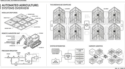 Obraz premium Automated agriculture systems blueprint vector illustration with smart greenhouse robotics hydroponics and precision farming technology