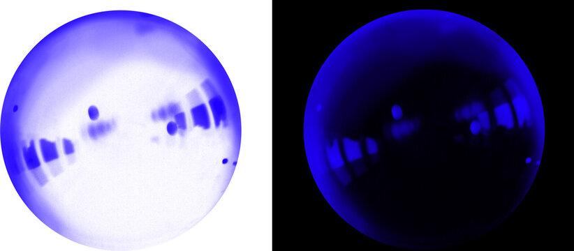 Abstract blue sphere with light reflections, glowing round orb on dark and light backgrounds, futuristic circular glass element for technology design