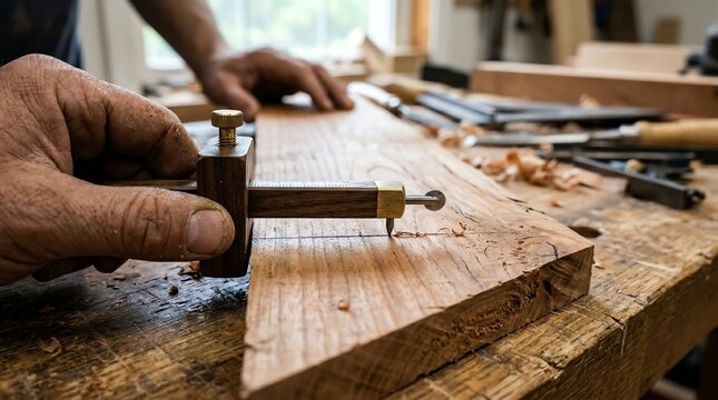 Close-up of a craftsman's hand using a chisel on a wooden workpiece in a woodworking workshop.