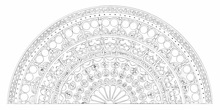 intricate circular design gothic rose window style line drawing