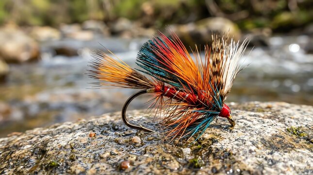 Colorful Trout Fishing Fly Lure Resting on a Rocky Riverbank.