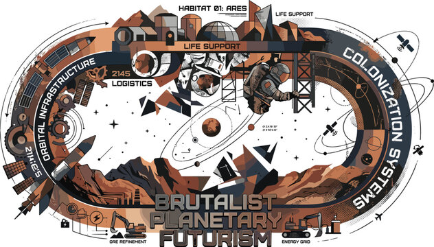 Brutalist planetary futurism vector illustration with futuristic Mars colonization systems industrial habitats and sci fi space infrastructure
