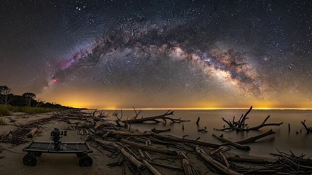 A camera dolly sits on a sandy beach under a vast starry night sky