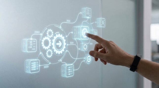 Person pointing at whiteboard diagram of cloud computing system illustrating adaptive ai enterprise concept