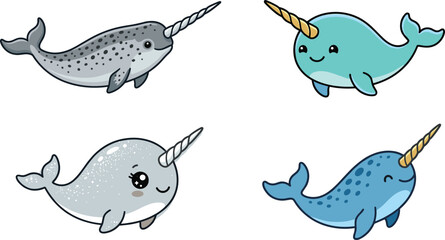 Vector Illustration of Cute Narwhals with Magical Horns in Various Colors and Poses. © MbBasir