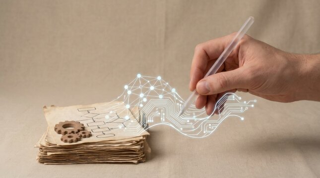 Person's hand drawing circuit board design to reshape workflow systems for enhanced automation and performance