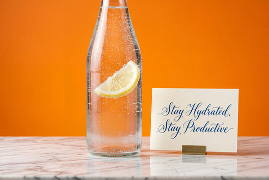 Glass bottle of sparkling water with a lemon slice next to a motivational card on a marble table