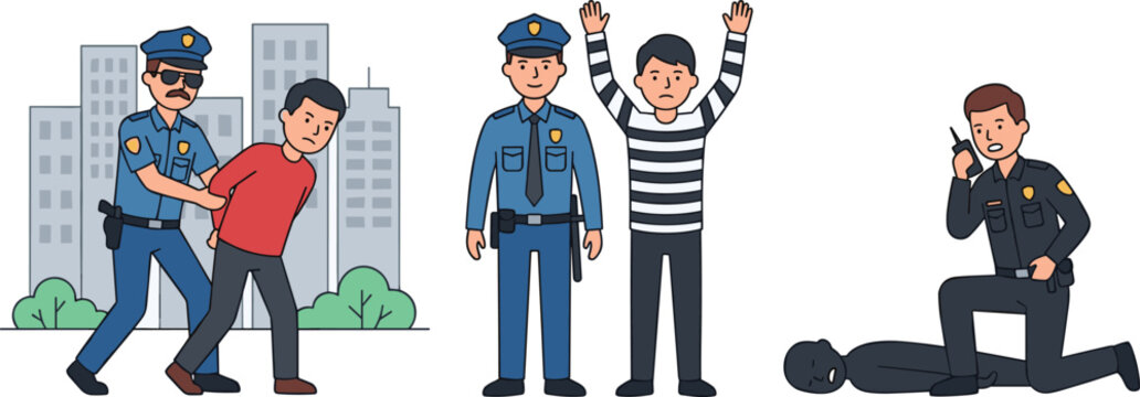 Vector Illustration of Police Officers Arresting Suspects and Managing Criminal Situations.