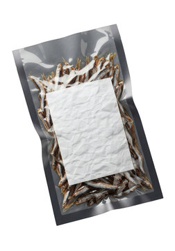 Dried Anchovy Fish in Vacuum Sealed Bag with Blank White Paper Label - Transparent Background