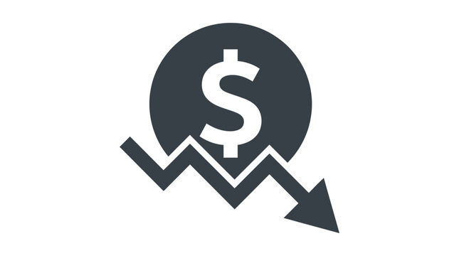 Economic inflation decrease icon with dollar symbol and a downward crashing arrow chart