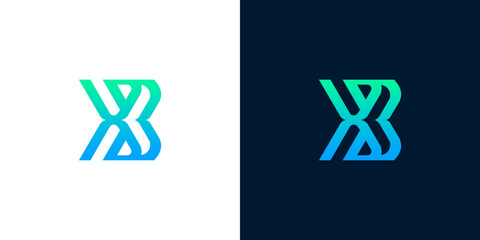 Modern abstract logo with intertwined letters X and B in a gradient of blue and green on white and dark backgrounds © anello