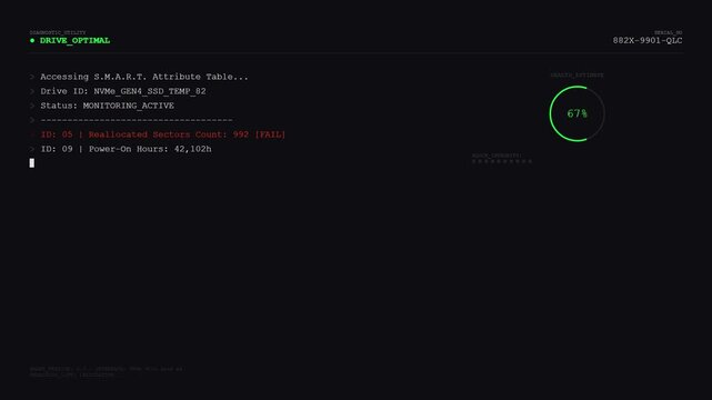 Diagnostic Utility Screen Displaying Predictive Failure Warning for NVMe SSD with End of Life Status Alert.