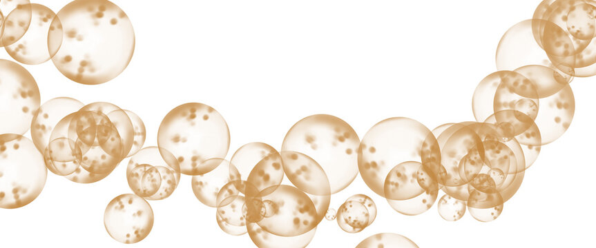Golden champagne bubbles on white background, sparkling amber liquid spheres, luxury carbonated drink effervescence for celebration and party design