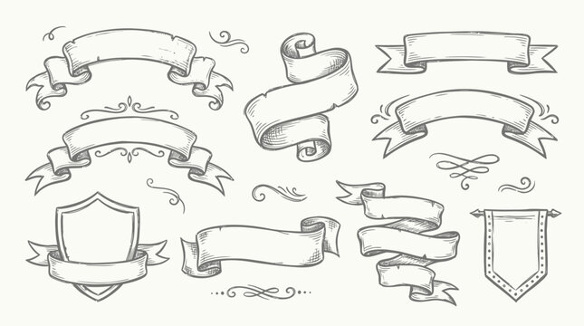 Vintage Ribbon Banners and Scrolls Hand Drawn Sketch Elements
