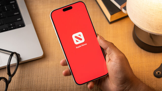 Apple News logo is displayed on a smartphone screen in Bangalore, India, on May 15, 2026
