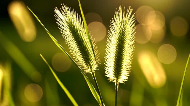 Close-up of two foxtail grass stalks glowing in golden hour sunlight with bokeh background.