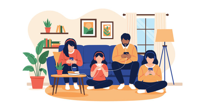 Family of four sitting together on a blue sofa while ignoring each other and using their separate mobile devices.