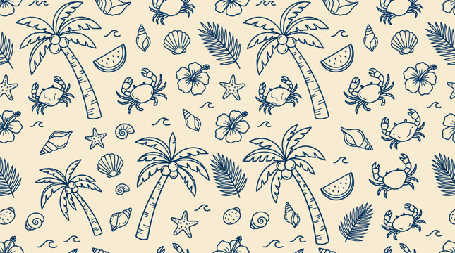 Seamless blue tropical pattern featuring palm trees, pineapples and botanical leaves on beige background