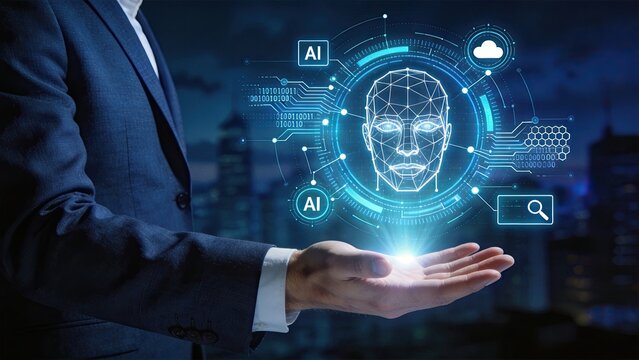 Futuristic artificial intelligence concept with digital human face wireframe, neural network, binary code and search icon held in hand for machine learning and facial recognition