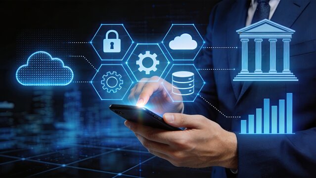 Businessman using smartphone with holographic fintech interface, cloud computing security, bank building and data analysis charts for modern financial technology concept
