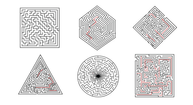 Set of different geometric maze puzzles including square, hexagon, triangle, and circle shapes with solution paths.