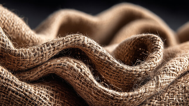 Close-up of rough brown burlap fabric texture with coarse jute fibers and natural folds, material